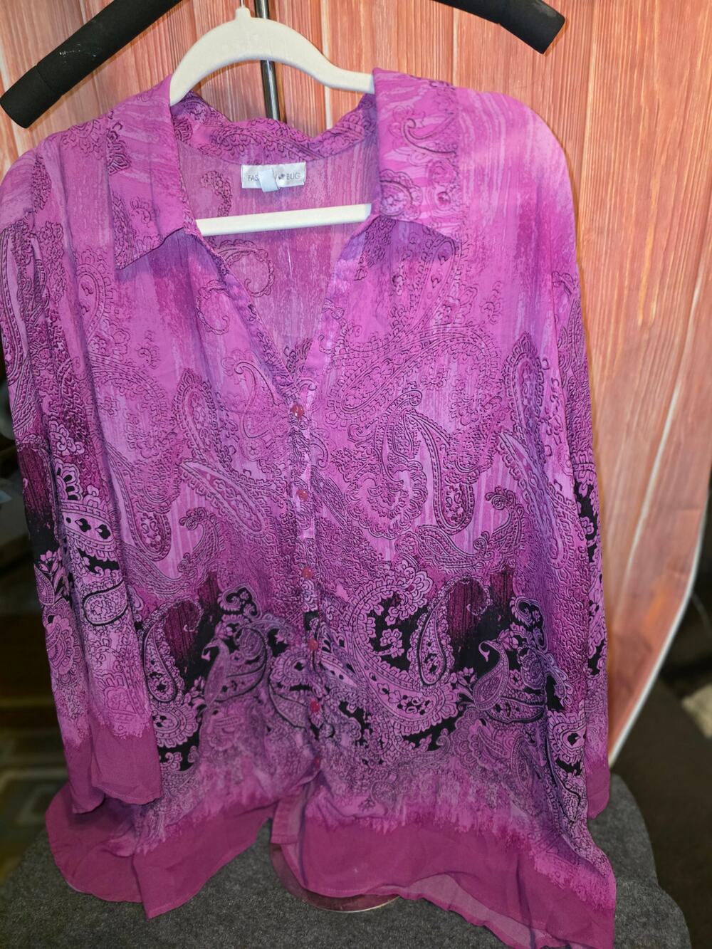 Fashion Bug Womens 4X Purple Paisley Chiffon Button Blouse Long Sleeve Layered